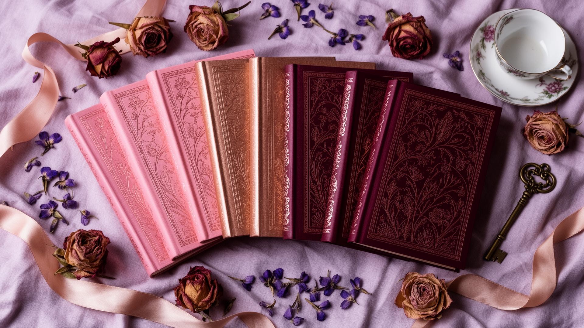Stack of romance novels with dried flowers and a vintage typewriter on lavender linen
